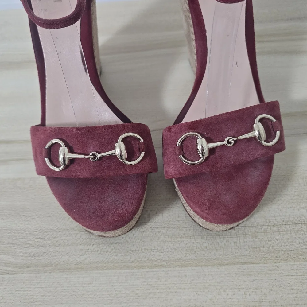 Gucci Horsebit Suede Wedge Espadrille Sandals In Dry Rose Size EU40/US9.5 - Picture 4 of 15